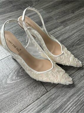 White Beaded Slingback Pointed-Toe Heels